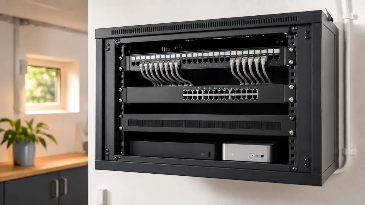 Patchpanel und Switch im Netzwerkschrank mit kurzen Patchkabeln