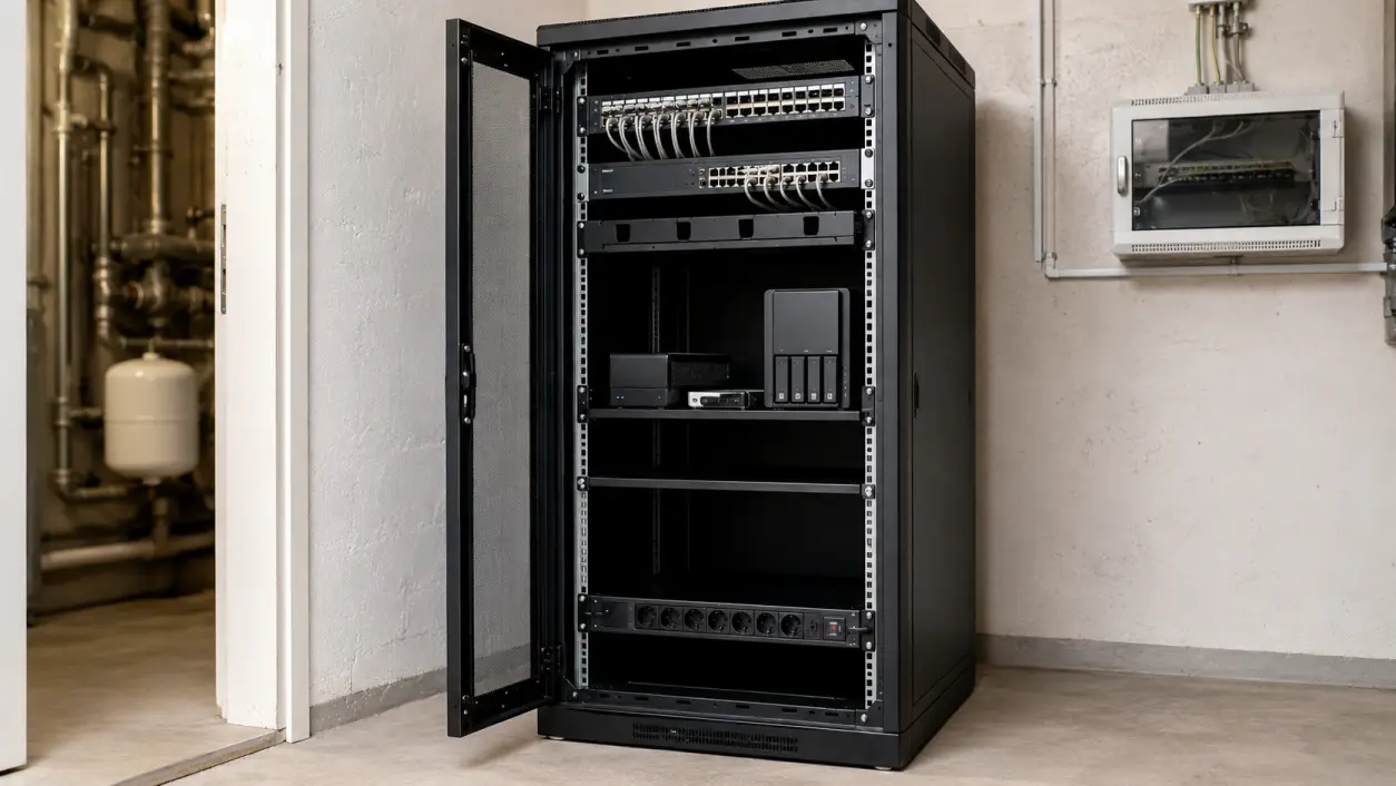 Serverschrank 18 HE im privaten Technikraum mit Patchpanel, Switch, Fachboden, NAS und freien Höheneinheiten