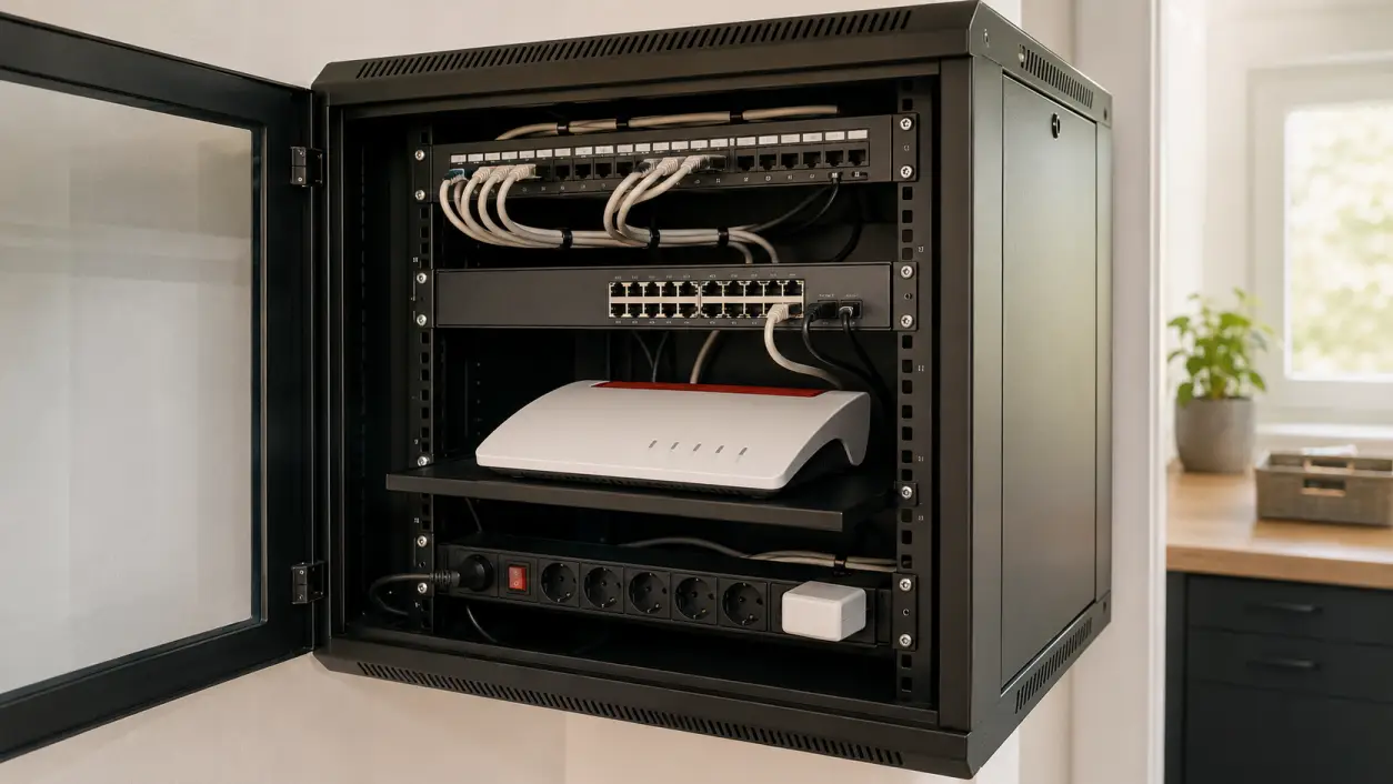 FritzBox im Netzwerkschrank auf 19-Zoll-Fachboden neben Patchpanel und Switch