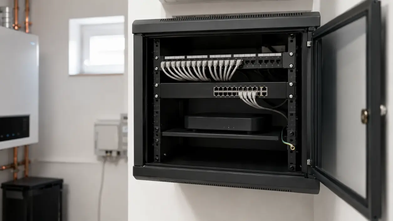 6-HE-Netzwerkschrank mit Patchpanel und Switch im Heimnetzwerk