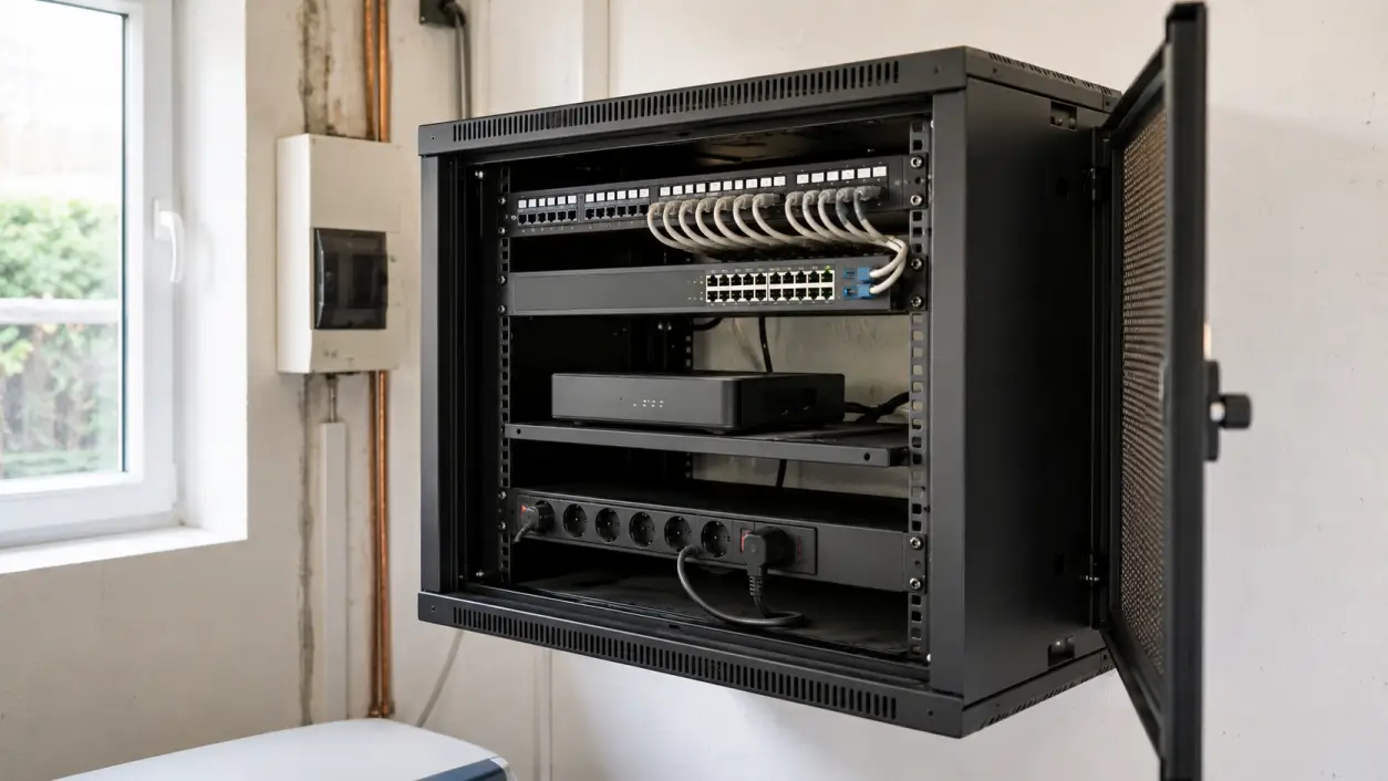 Geöffneter Netzwerkschrank 19 Zoll mit 9 HE, Patchpanel, Switch, Fachboden und freier Reserve