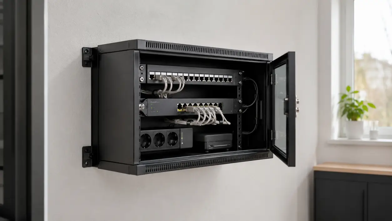 Flacher 19-Zoll-Netzwerkschrank mit geringer Tiefe, Patchpanel und kurzem Switch an der Wand