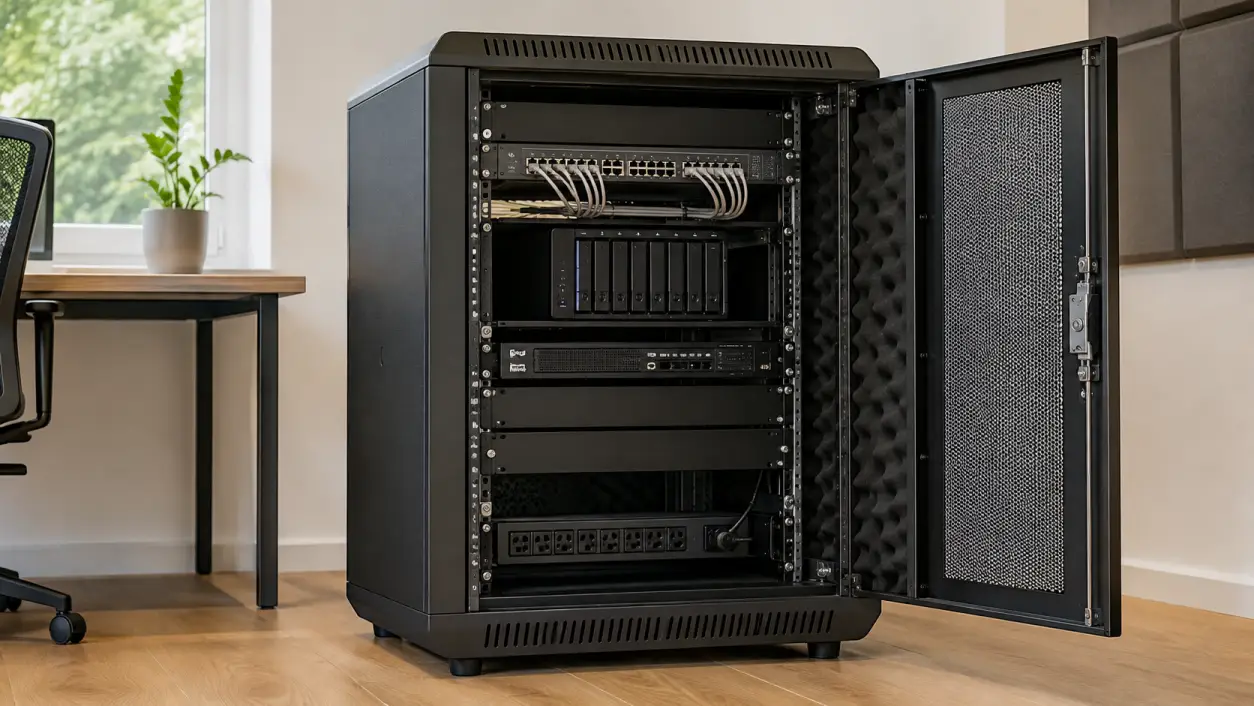 Schallgedämmter Serverschrank mit leiser Home-IT-Hardware und Belüftung