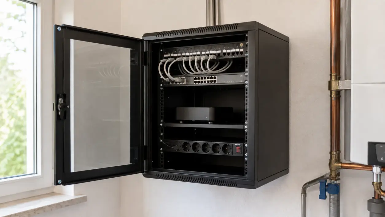 19-Zoll-Serverschrank zur Wandmontage mit Patchpanel, Switch und Fachboden im privaten Technikraum